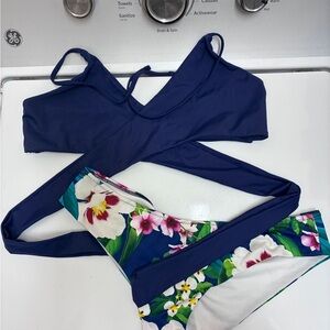 Source Unknown Navy and Floral Bikini Set